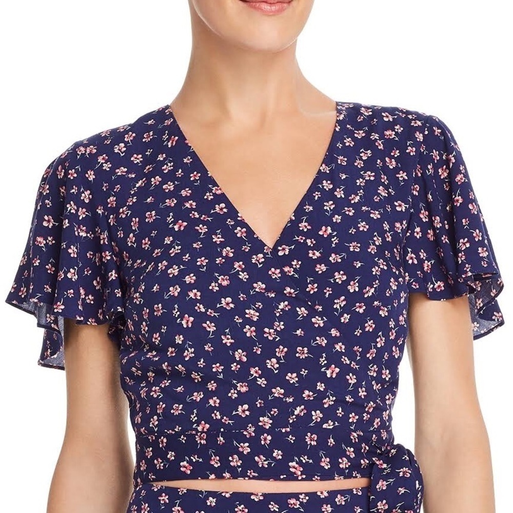 Aqua Floral Surplice Tie Waist Cropped Blouse Size Large